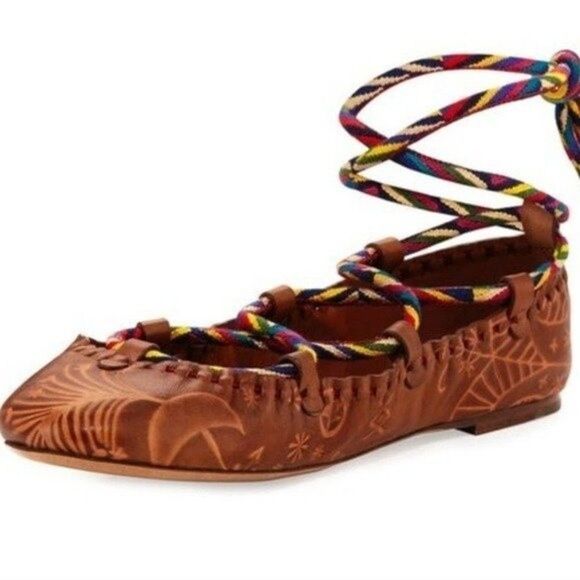 Valentino Brown Leather Bohemian Lace-Up Ballet Flats Shoes - Picture 6 of 7